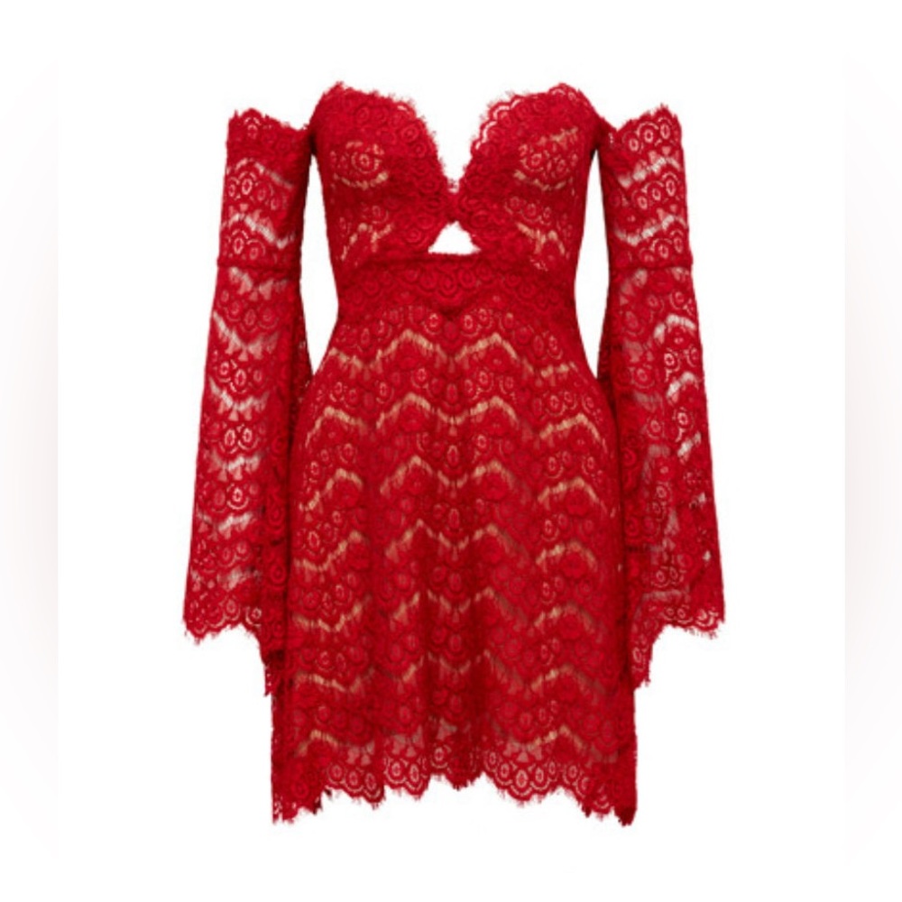Sexy Red BNWT Boutique L’Atiste Lace Bell Sleeve Mini Dress, Size M